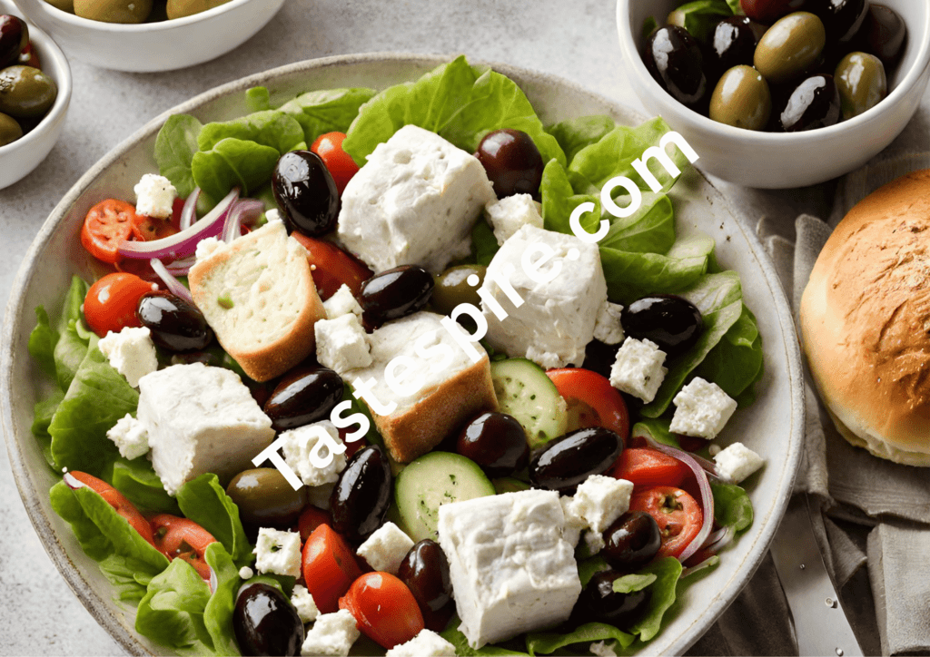 Feta and Olive Greek Salad with Dinner Rolls