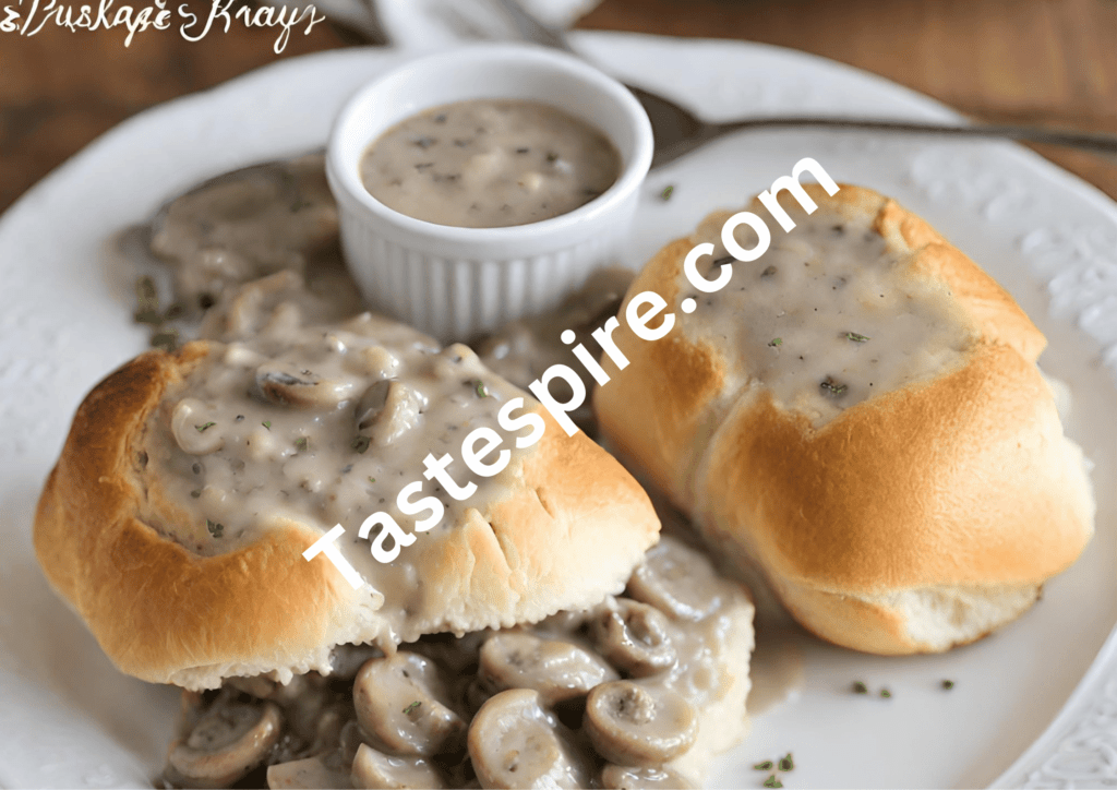 Sausage and Mushroom Gravy with dinner rolls